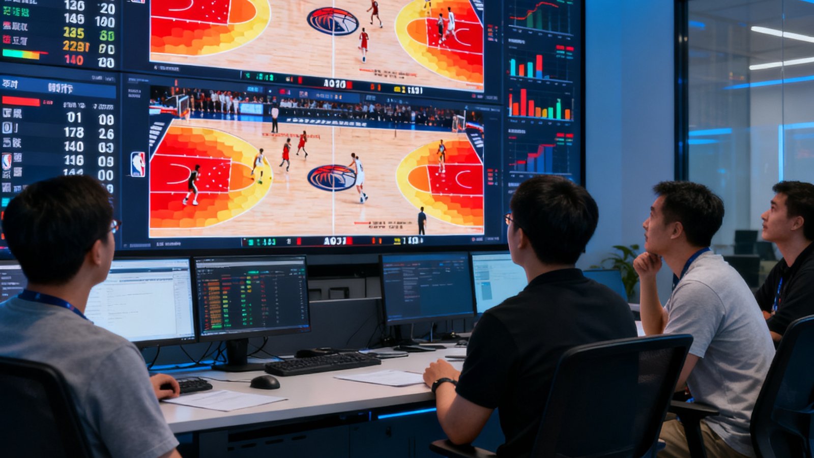 风行体育创始团队在数据作战室讨论NBA实时画面，大屏显示多场球赛数据与热力图，团队成员专注分析
